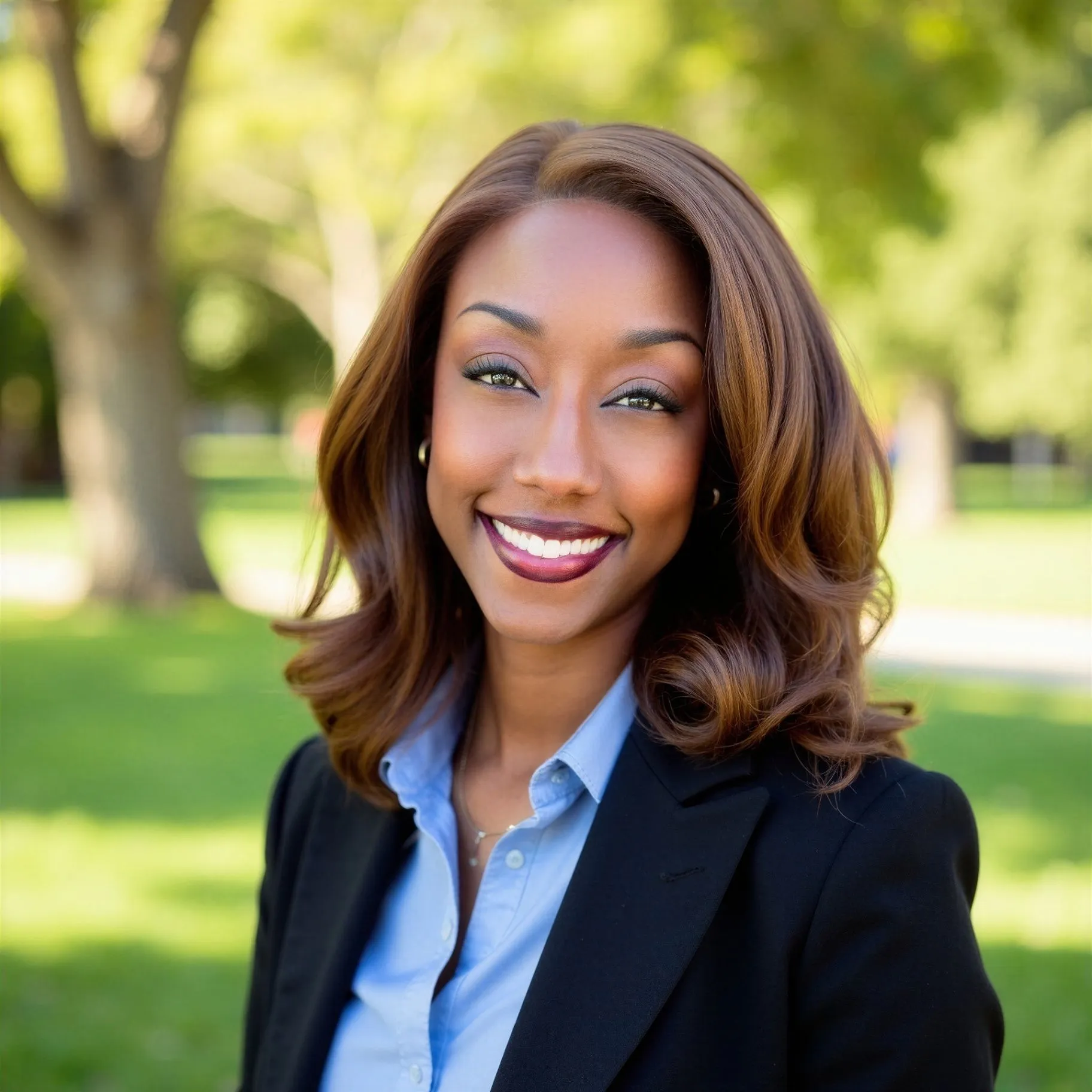 Rachel Bolton outdoors in a tailored jacket